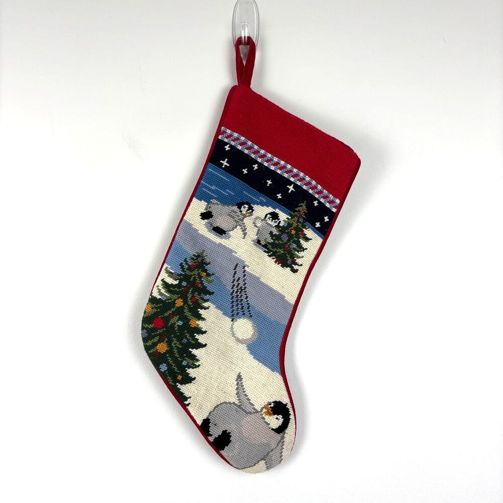 Lands' End Christmas Stocking Holiday Penguins Snow Wool Cotton